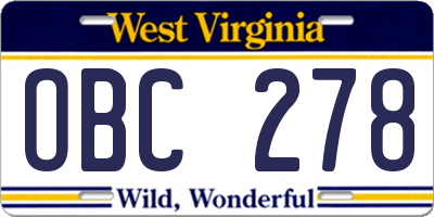 WV license plate OBC278