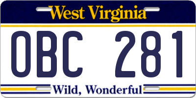 WV license plate OBC281