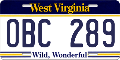 WV license plate OBC289