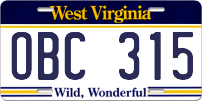 WV license plate OBC315