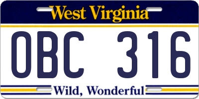 WV license plate OBC316