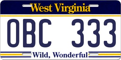 WV license plate OBC333