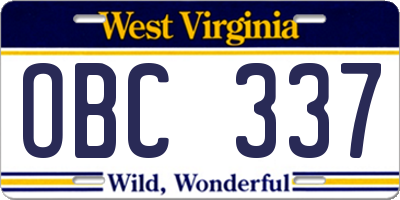 WV license plate OBC337