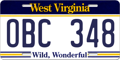 WV license plate OBC348