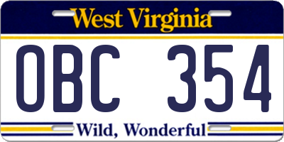 WV license plate OBC354