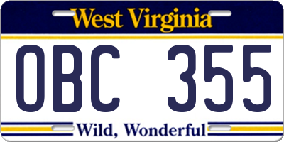 WV license plate OBC355