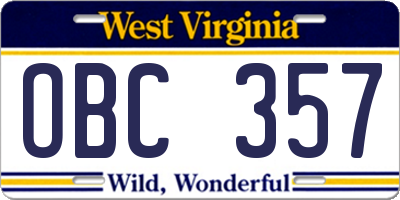 WV license plate OBC357