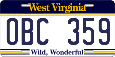 WV license plate OBC359