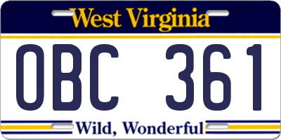 WV license plate OBC361