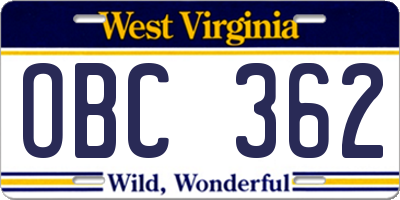 WV license plate OBC362