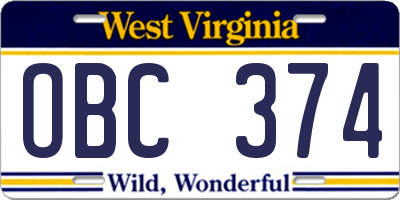 WV license plate OBC374