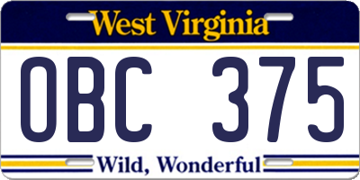 WV license plate OBC375