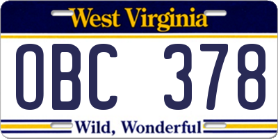 WV license plate OBC378