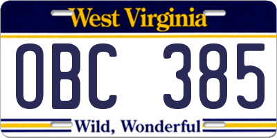 WV license plate OBC385