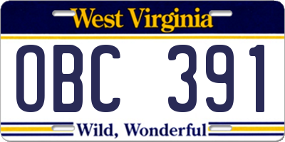 WV license plate OBC391
