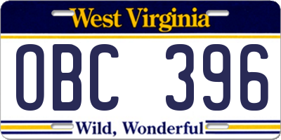 WV license plate OBC396
