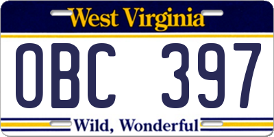WV license plate OBC397