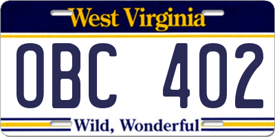 WV license plate OBC402