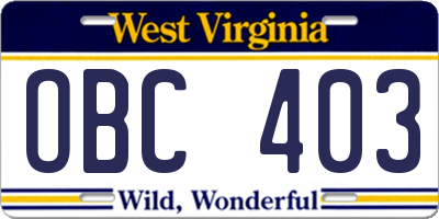 WV license plate OBC403