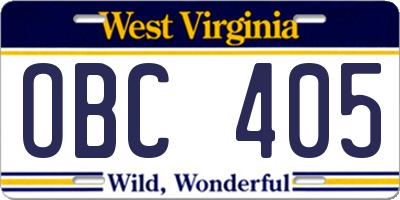 WV license plate OBC405