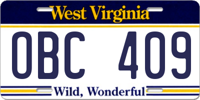 WV license plate OBC409