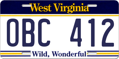 WV license plate OBC412