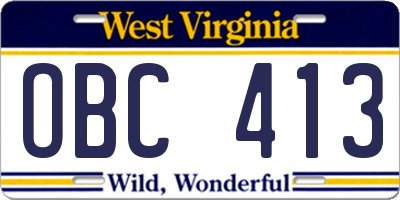 WV license plate OBC413