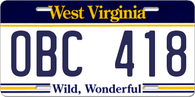 WV license plate OBC418