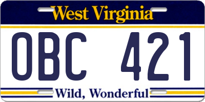 WV license plate OBC421