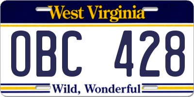 WV license plate OBC428