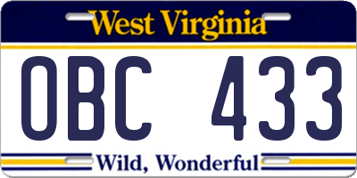 WV license plate OBC433