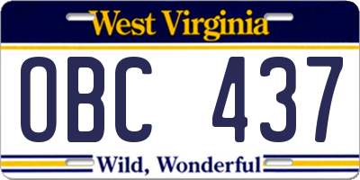 WV license plate OBC437