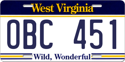 WV license plate OBC451