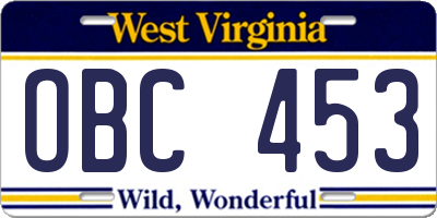WV license plate OBC453