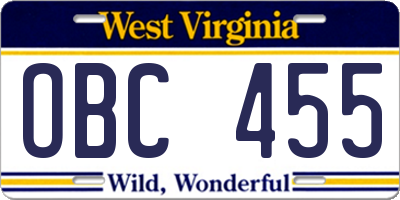 WV license plate OBC455