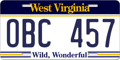 WV license plate OBC457