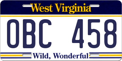 WV license plate OBC458