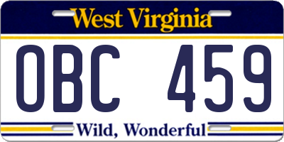 WV license plate OBC459