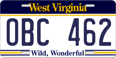 WV license plate OBC462