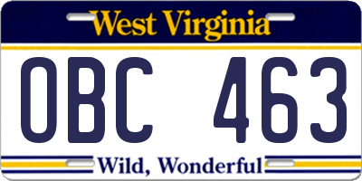 WV license plate OBC463