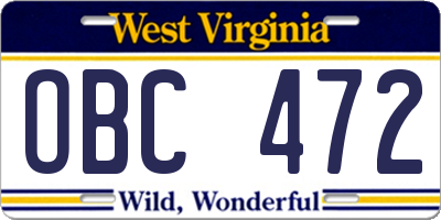 WV license plate OBC472