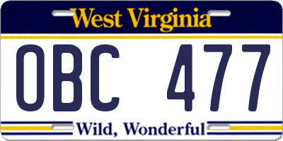 WV license plate OBC477