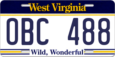 WV license plate OBC488