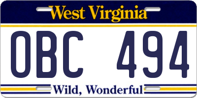WV license plate OBC494