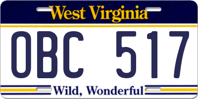 WV license plate OBC517