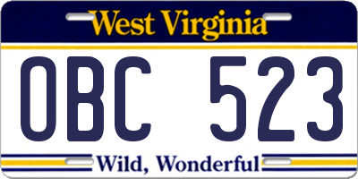 WV license plate OBC523