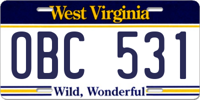 WV license plate OBC531