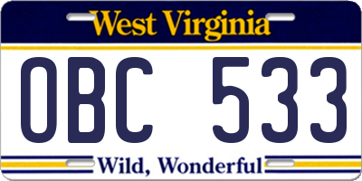WV license plate OBC533