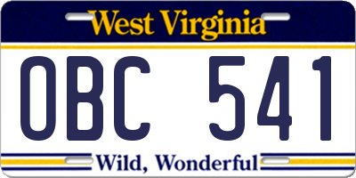 WV license plate OBC541