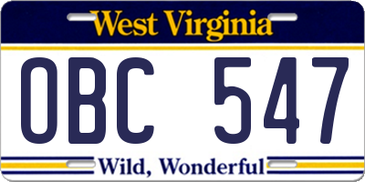 WV license plate OBC547